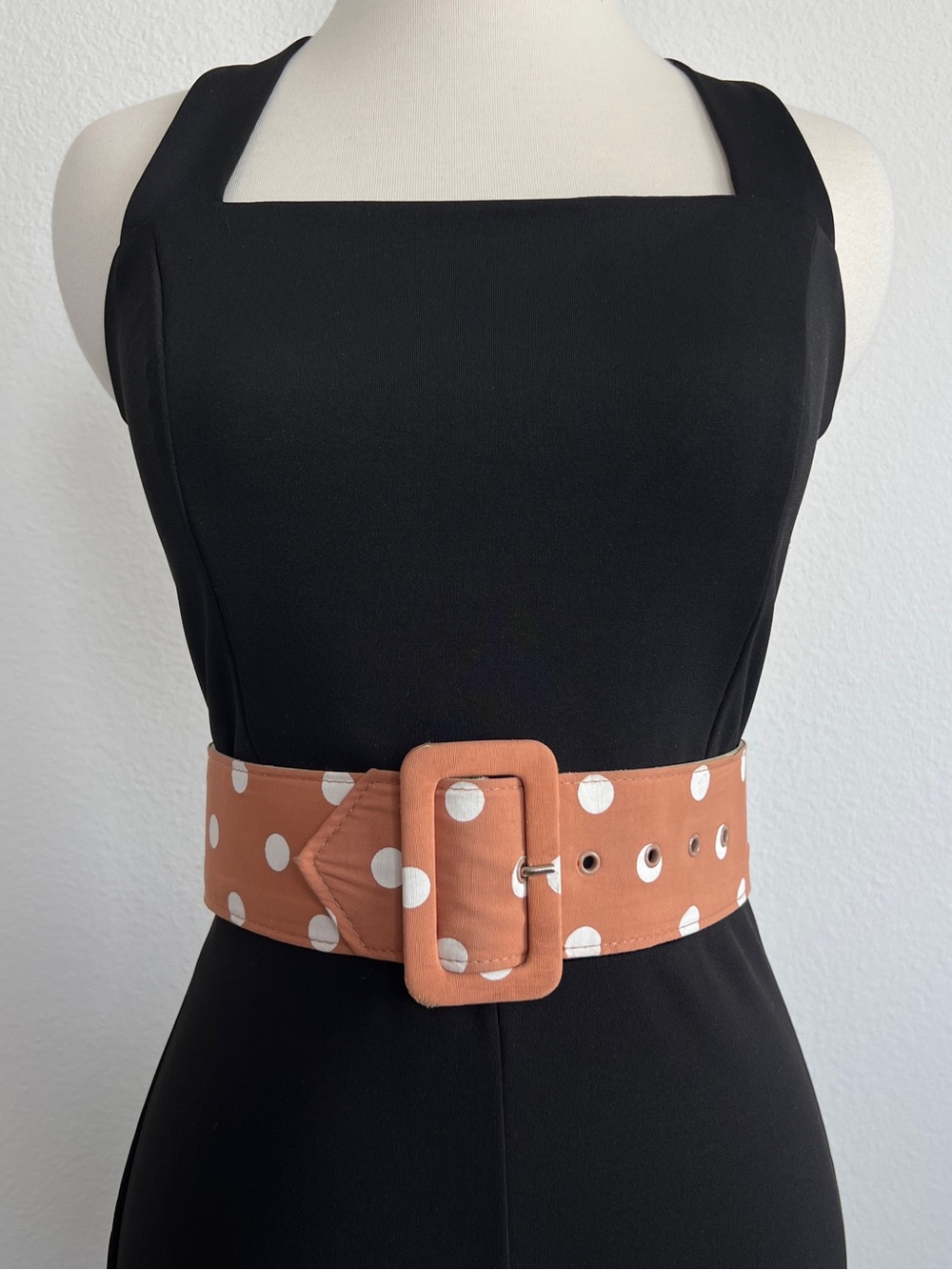 Retro Wide Waist Belt Rust Tan and White Polka Dot Fabric Buckle Mod USA Small